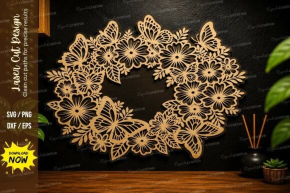 Butterfly Flower Wreath Laser Cut Svg
