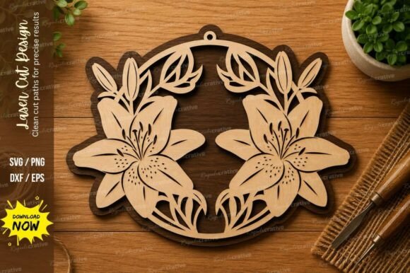 Floral Wreath SVG | Lily Flower Laser Cutting Design