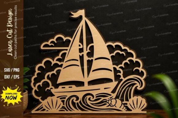 Sailing Boat Ocean Waves Laser Cut SVG: Nautical Elegance for Your Projects